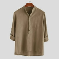 Кафяви тениски за мъже мъжки стойка яка ежедневно солидна памучна риза с памучна лента с дълъг ръкав