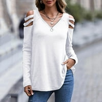 Дамски v шия цип дълъг ръкав отгоре солиден пуловер на рамо небрежна тениска дамски къси ръкави ризи обикновени бяло m