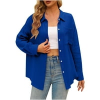 Cacommark Pi жени дълъг ръкав плюс размери ризи Разчистване Жени блуза тениски бутон ризи върхове стойка яка джобна тениска синя