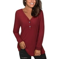 ризи с дълъг ръкав за женски женски солиден цвят V-образно деколте, причинно-следствени върхове с дълъг ръкав блуза разхлабена тениска ризи за жени червено + l