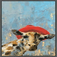 Червената шапка на жирафа в рамка живопис печат върху платно