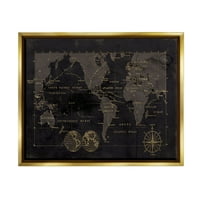 Ступел индустрии Черно подробна карта на света графично изкуство металик злато плаваща рамка платно печат стена изкуство, дизайн от Карол Робинсън