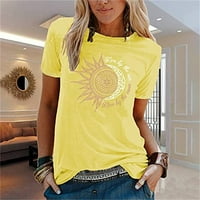 IOPQO Женски тениски Женски тениски Женски реколта отпечатани ежедневни тениски с къс ръкав кръгла шия отгоре блуза жълта xxxl