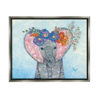 Ступел индустрии Бебе Слон и мишка украсени цветни цветове колаж Живопис блясък сиво плаваща рамка платно печат стена изкуство, дизайн от Лиза Моралес