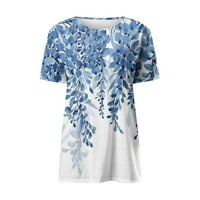 Клирънс дамски летни върхове блуза жени с къс ръкав ежедневни флорални блузи екипаж на шията, сини, m