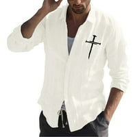 Мъжки ризи големи високи мъжки модни ежедневни прости памучни и бельо малки печат тениска с риза с дълъг ръкав отгоре
