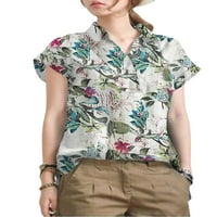 Glookwis жени ризи с къс ръкав Елегантна туника риза Небрежни разхлабени върхове ретро флорална блуза за печат