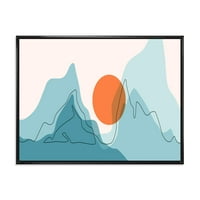 Дизайнарт 'Абстрактни Сини Планини С Червена Луна' Модерна Рамка Платно Стена Арт Принт