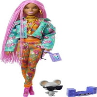 Барби допълнителна модна кукла с дълги розови плитки в флорално яке с биберон с аксесоари и домашни любимци