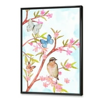 Дизайнарт 'умна птица, седнала на клон на пролетно дърво с пеперуди' традиционна рамка платно стена арт принт