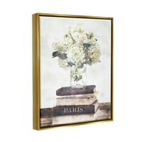 Ступел индустрии деликатни бели цветя на Парижката Книжарница металик злато рамкирани плаващо платно стена изкуство, 16х20