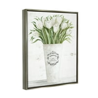 Ступел индустрии Бяло лале букет в парижки ваза Флорален аранжимент блясък сива рамка плаващо платно стена изкуство, 24х30