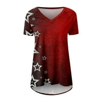 Дамски блузи v-образни небрежни блузи Графични отпечатъци жени тий частен ръкав Ден на независимостта летни върхове червени l