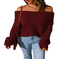 Жени плетени пуловер без рамо небрежни разхлабени върхове с дълги ръкави с дълги ръкави