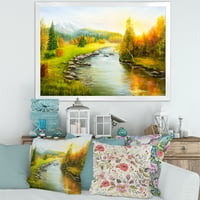 Дизайнарт 'Есенен пейзаж с гора река и планини' езеро къща рамка Арт Принт