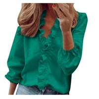 Дамски нов V Врат дълъг ръкав темперамент бутон блуза върхове офис работни ризи за дамски зелено 5xl