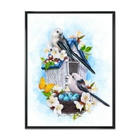 Две Птички, седящи в близост до гнездото с яйца и бели цветя в рамка картина платно Арт печат