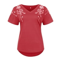 Женска модна летна тениска с бродирана тениска с късо ръкав с V-образно деколте