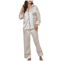 Дамски копринени сатени пижами шезлонги с две части за спално облекло с дълъг ръкав надолу v върхове на шията с дълги панталони