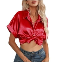 Женски късо ръкави с късо ръкави сатенна риза сатени сатени симулация коприна с къси ръкави риза с v-neck блуза риза червено