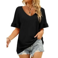 Ризи за жени облечени ежедневни жени v върхове на шията ръба с къс ръкав плетен тениска блузи летни ежедневни разхлабени течащи