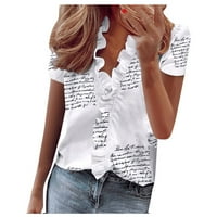 Driindf жени върхове модерни развълнувани ризи на туники на врата Облекло писмо за печат с къс ръкав Блуза Елегантна парти тениски