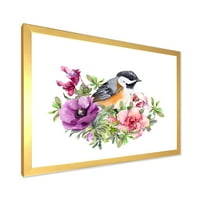 Дизайнарт 'сладка птица в лилаво и розови цветя' традиционна рамка Арт Принт