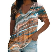 Odeerbi модерни летни върхове за жени v тениска на шията небрежно отпечатано късо ръкав пуловер блуза кафява
