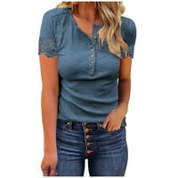 Жени тениски свободни годни графични блузи бутони с къс ръкав кръгла врата лято твърд цвят дантелена тениска блуза жени върхове