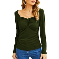 Ризи за жени графични тийнейджъри реколта модна солидна цветна квадратна шия с дълъг ръкав сгъване тениска тънка блуза армия зелено l