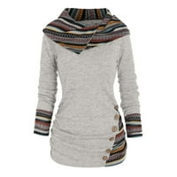 Плюс върховете на размера за женски бутон с v-образно пуловер отпечатан сив с дълъг ръкав l