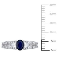 Дамски Каратов син сапфир каратов диамант 14кт Бяло Злато 3-каменен годежен пръстен