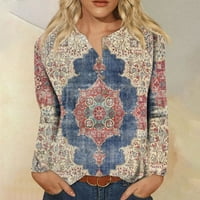Fragarn женски моден блуза Небрежно върхове с дълъг ръкав печат кръг за врата пуловер Топ блуза Син xxxxl