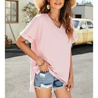 Шиковата риза на жените с къса ръкав с късо ръкав от памук за кратък лято основен свободен мек мек висок нисък тениска розово