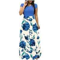 Постоянни летни рокли за жените летни къси ръкави на жените, свободен флорален принт с висока талия небрежен бохо свободна дълга а-линия рокля синьо, 5xl