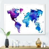 Дизайнарт 'синьо и лилаво карта на света' модерна рамка Арт Принт