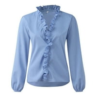 Дамски модни върхове солидни v-образно деколте с дълъг ръкав темперамент блуза син л
