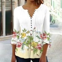 Ризи за хуеок за жени плюс размер дълъг ръкав v отпечатан цвят на шията на мода моден копче за блуза върхове на блуза