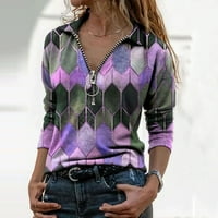 Bazyrey Womens Summer Tops Packwork Printed Blouse Female Henley Casual Leadek Lapel Geometric Zipper Longt-Shirts Purple 2xl