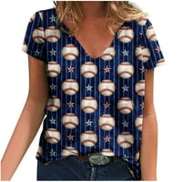 USMIXI Женски ризи V-образно деколте с къс ръкав бейзболен печат Лятни сладки върхове Мода свободна лека удобна туника блузи тъмносини