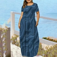 Tking Fashion Women's Summer ежедневно бохо отпечатани рокли A-Line с джобни къси ръкави O-Neck Maxi рокли тъмно синьо 3xl