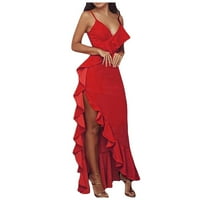 Рокли за жени плюс размер женски клирънс на тялото солидна дълбока деколтета без ръкави на глезена летни рокли A-Line Red Red XL