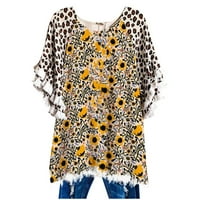 Jsaierl Женски летен флорален отпечатан блуза Руф ръкав екипаж на шията на шията леопардов ваканционен тениска