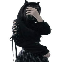 Жени пуловер качулки дълги ръкав сладка ухо котка от рамо горни пънк пю с качулка върхове за тийнейджърки момичета