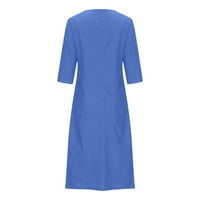 Гузом есенни рокли за жени - памук с дълъг ръкав и бельо V -образно деколте модерни с джобове ежедневни рокли макси рокли сини