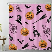 Хелоуин паяк уеб душ завеса оранжева призрачна тиква и страшна котка на розова завеса за душ за баня вълшебна вещица шапка и метла полиестер плат за баня с куки