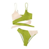 Женски твърди цветове с високи резки каишки бикини комплект двустранни бански костюми Зелено L
