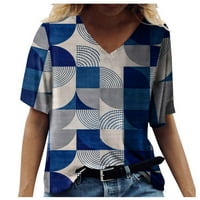 Дамски върхове женски V-образни деколте с къси ръкави графични щампи дами блузи ежедневни ризи за жени сини 4xl