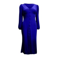Сатен рокля за жени дами V-образно рамо рокля с дълъг ръкав есенна женска интелектуален темперамент рокля кралско синьо 3xl