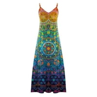 Дамски рокли maxi слънчева рокля без ръкави небрежни V-образни флорални рокли сини 5xl